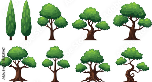 Vibrant cartoon tree illustrations in various styles and shapes