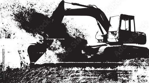 Excavator machine in black and white. Construction equipment digging into dirt, showcasing its impact on the industry. Vector illustration.