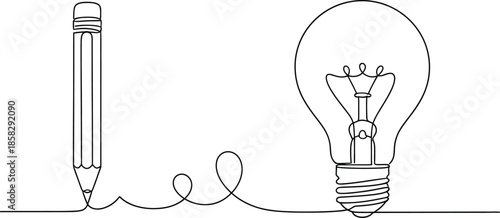 Creative Idea Concept with Pencil and Light Bulb Line Art