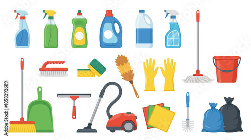 Collection of Various Cleaning Supplies and Tools.