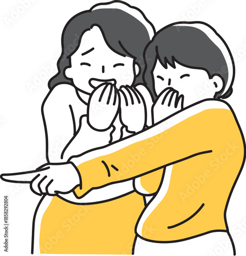 笑いながら指差す２人の女性