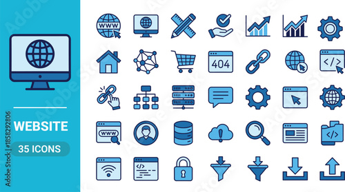Professional web development and digital technology icon set featuring networking, coding, security, data storage, cloud computing, analytics, UI design, and online communication elements.