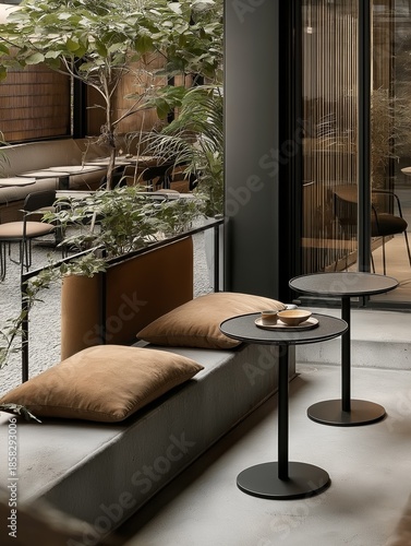 Seating area in a modern cafe with plants and small tables during daylight
