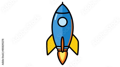 Cartoon Blue and Yellow Rocket Blasting Off