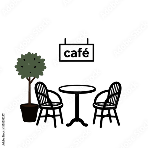 Caf? sign with table, chairs, and potted tree
