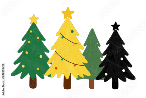 Colorful Christmas trees with ornaments and stars