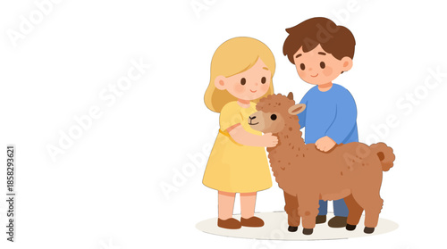 Cute kids petting brown alpaca together