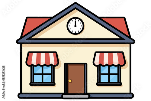 Cute house illustration with clock and awnings