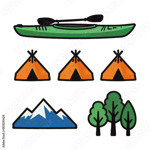 Camping and kayaking adventure icons