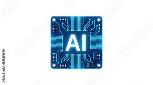 Glowing AI chip with circuit design isolated