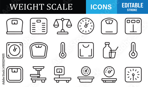 Digital and analog weight scale line icons
