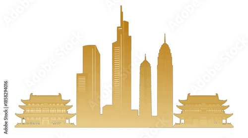 Golden city skyline with traditional and modern buildings