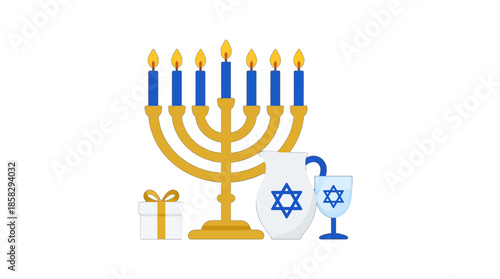 Golden menorah with blue candles and Hanukkah symbols