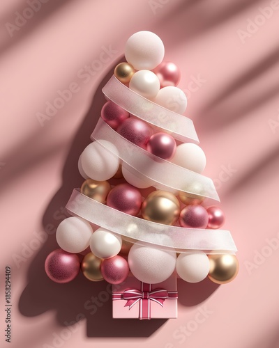 Christmas tree made of ornaments and gift on a pink background with soft shadows