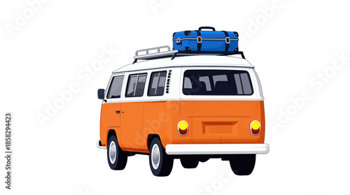 Orange and white van with blue suitcase on roof