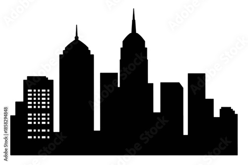 Stylized city skyline silhouette with tall buildings
