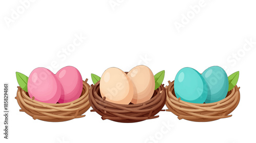 Three bird nests with colorful eggs and leaves