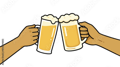 Two hands clinking frothy beer mugs together.