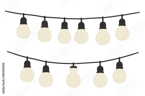 Two strings of glowing light bulbs hanging in curves