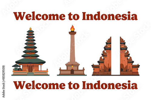 Welcome to Indonesia text with iconic monuments illustration
