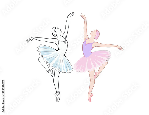 Two ballerinas in mid-dance wearing tutus