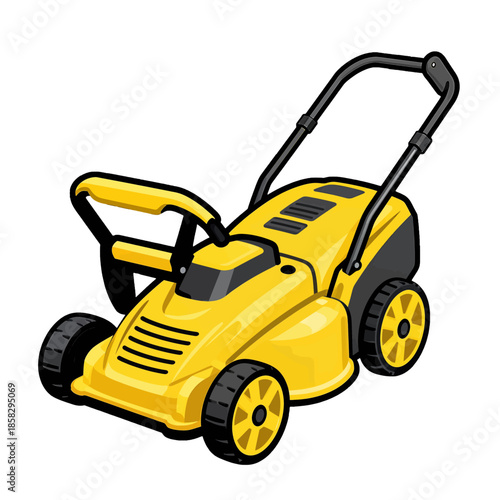 Yellow lawn mower with black handles and wheels