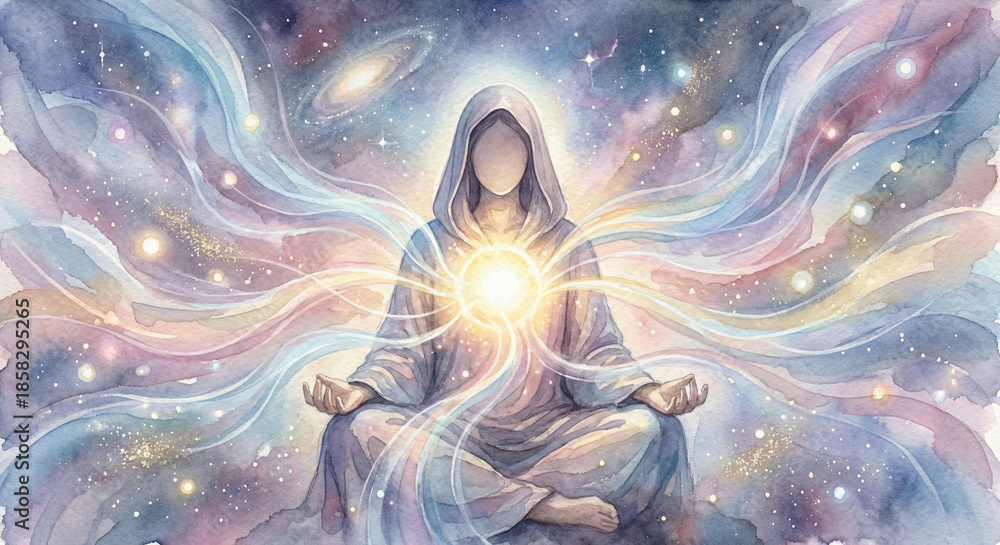 Obraz premium Radiant Spiritual Figure Meditating And Glowing with Aura and Expanding Ethereal Energy into Cosmos Watercolor Illustration JPG
