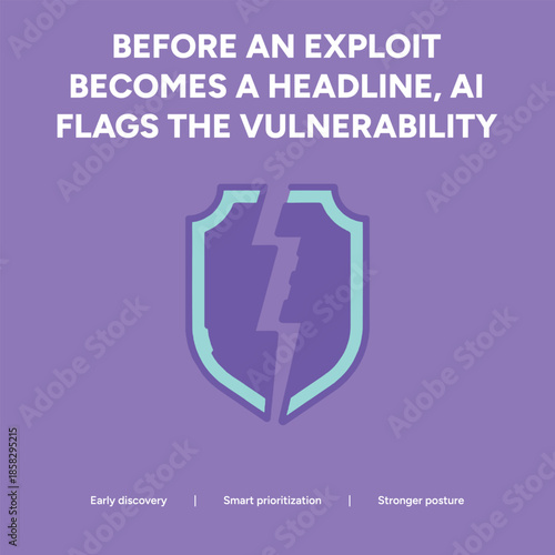 Broken Shield Icon on Purple Background Illustrating Early Vulnerability Discovery and AI Driven Risk Mitigation in Cyber Defense