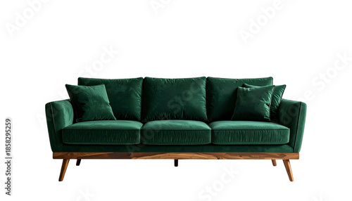 Luxurious emerald green velvet sofa with wooden legs, isolated on black background