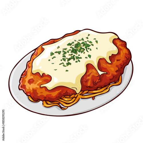 2D flat vector graphic of a Chicken Parmigiana in icon style, isolated on white background