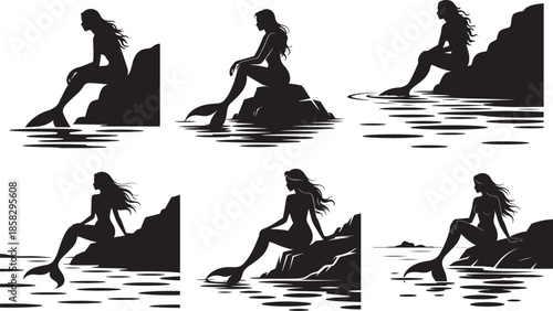 Set of Sitting Mermaid on Rocky Cliff by Calm Ocean Silhouette, Black and White Vector Illustration