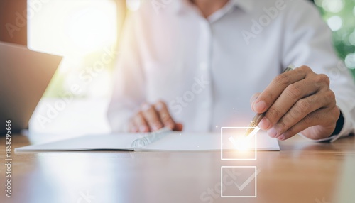 Wallpaper Mural Person checking off a box on a digital interface, symbolizing task completion or selection. Torontodigital.ca