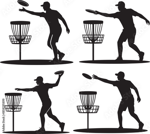 Set of Disc Golf Player Throwing Disc Toward Basket Silhouette, Black and White Vector Illustration
