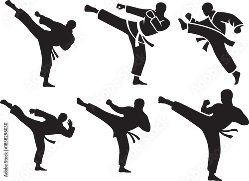 Set of Karate Kick and Punch Stance Pose Silhouette, Black and White Martial Arts Vector Illustration