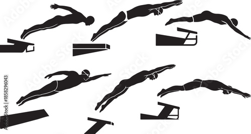 Set of Swimmer Diving from Starting Block Silhouette, Competitive Sports Black and White Vector Illustration