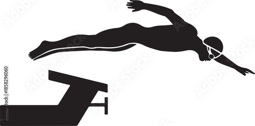Swimmer Diving from Starting Block Silhouette, Competitive Sports Black and White Vector Illustration