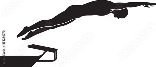 Swimmer Diving from Starting Block Silhouette, Competitive Sports Black and White Vector Illustration