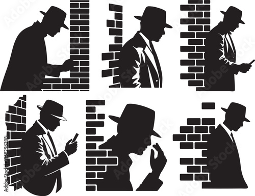 Set of Mysterious Man in Fedora Leaning Against Brick Wall Silhouette, Black and White Vector Illustration
