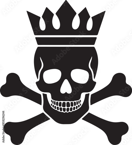 Skull and Crossbones Wearing Crown Silhouette, Black and White Vector Illustration