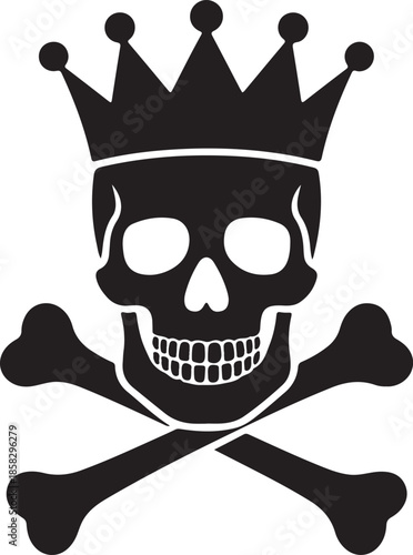 Skull and Crossbones Wearing Crown Silhouette, Black and White Vector Illustration