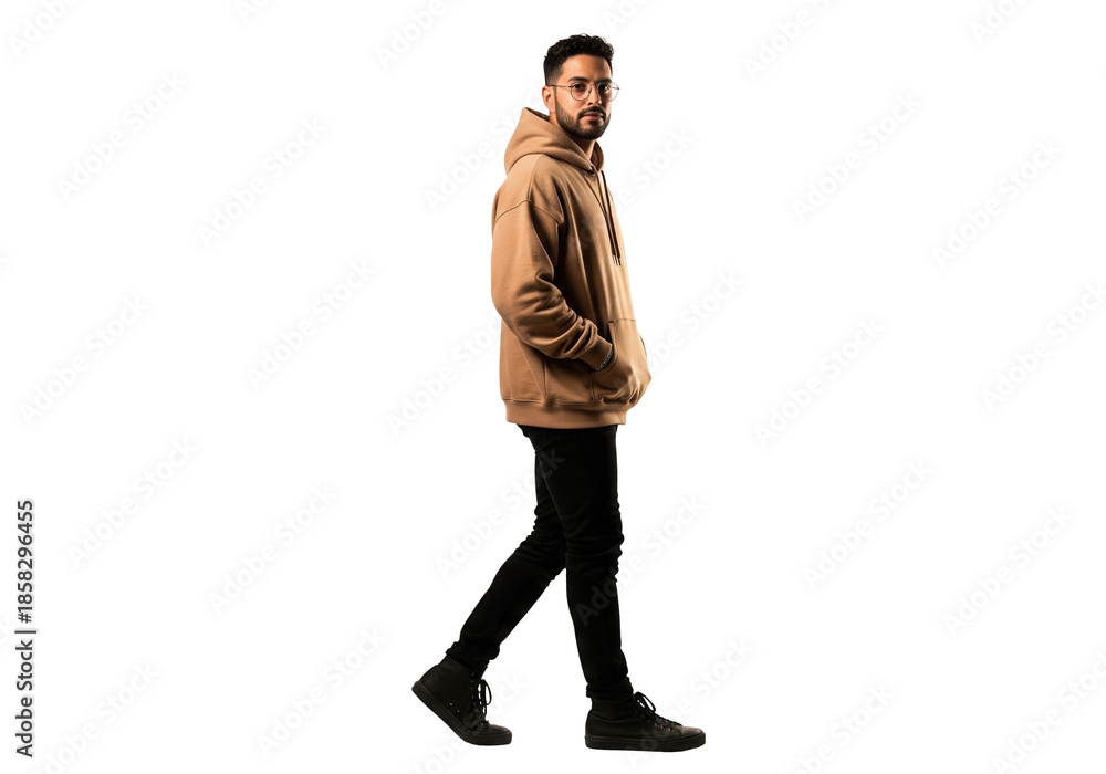 Naklejka premium Hispanic man in oversize hoodie walking with hand in pocket