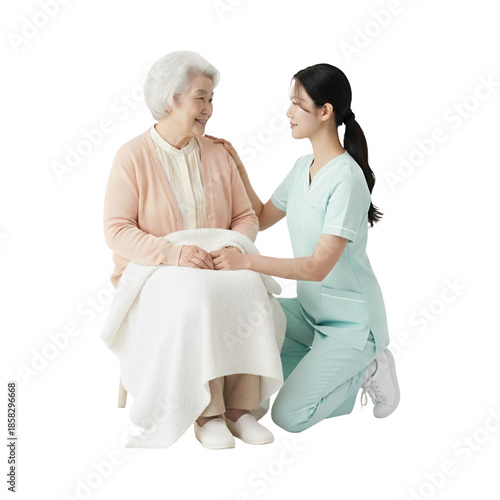 Caring Asian nurse comforts senior woman with kindness and support, offering compassionate care and companionship in a serene environment of trust on transparent background