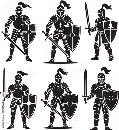 Set of Knight in Armor with Sword and Shield Silhouette, Black and White Medieval Vector Illustration