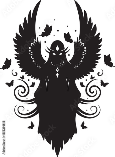 Mysterious winged figure surrounded by butterflies