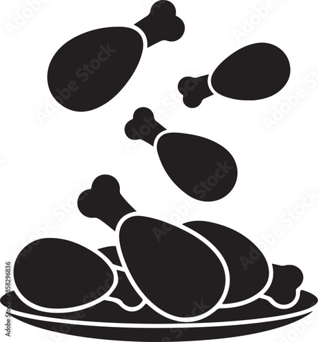 Fried Chicken on Plate Silhouette, Black and White Food Vector Illustration