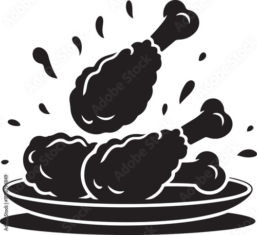 Fried Chicken on Plate Silhouette, Black and White Food Vector Illustration