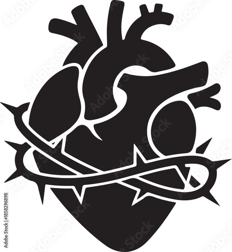 Heart Wrapped in Thorny Crown Silhouette, Pain and Love Black and White Vector Illustration