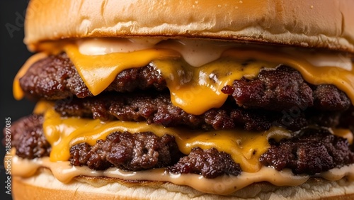 Delicious Triple Cheeseburger with Melted Cheddar Cheese and Juicy Beef Patties in a Toasted Bun