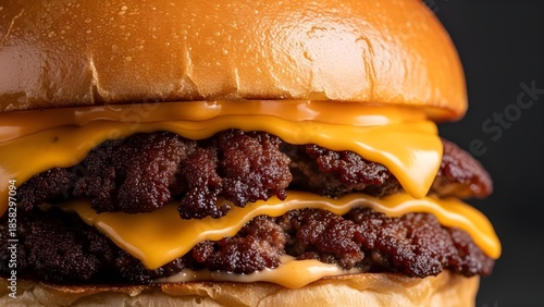Extreme Close-up of Juicy Double Smash Burger with Melting Cheddar Cheese on Toasted Brioche Bun