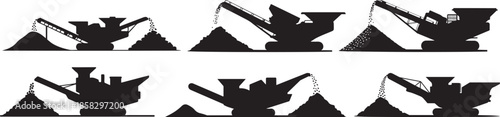 Set of Industrial Rock Crusher Machine with Conveyor Belt Silhouette, Black and White Vector Illustration